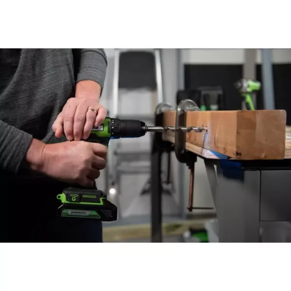 Greenworks 24-Volt Battery Cordless Brushless 1/2 in. Drill/Driver 2-Batteries, Charger, Tool Bag, Belt Clip Included, DD24L1520