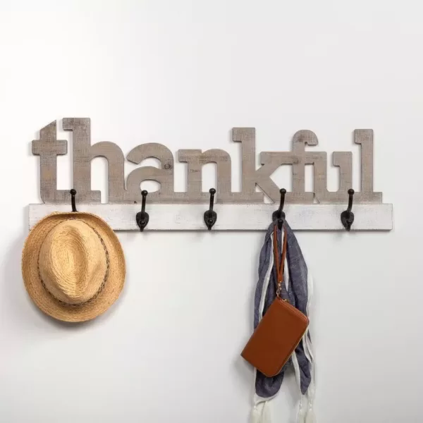 Pinnacle Rustic Thankful Gray Wood Decorative Sign with Hooks