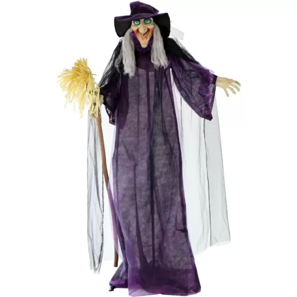 Haunted Hill Farm 6 ft. Animatronic Talking Witch with Broomstick Halloween Prop