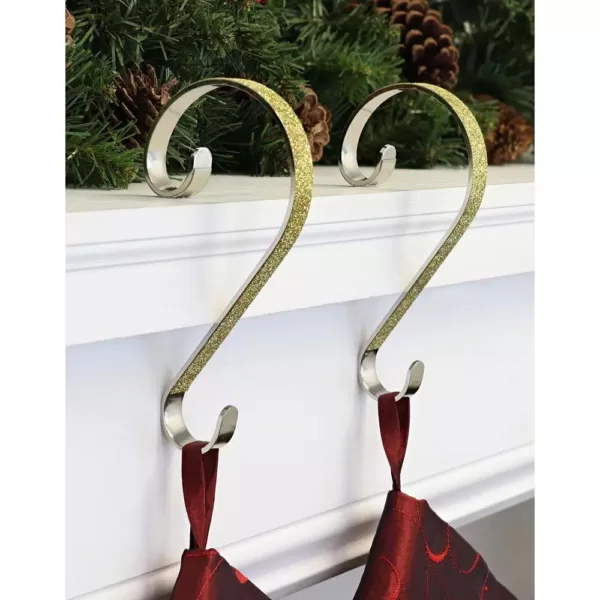 Haute Decor 6 in. Steel Gold Glitter Stocking Scrolls Holders (2-Pack)