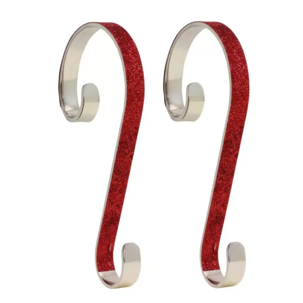 Haute Decor 6 in. Steel Red Glitter Stocking Scrolls Holders (2-Pack)