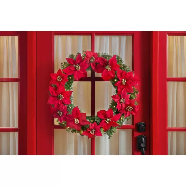 Home Accents Holiday 30 in. Berry Bliss Battery Operated Pre-Lit LED Artificial Christmas Wreath with Poinsettia