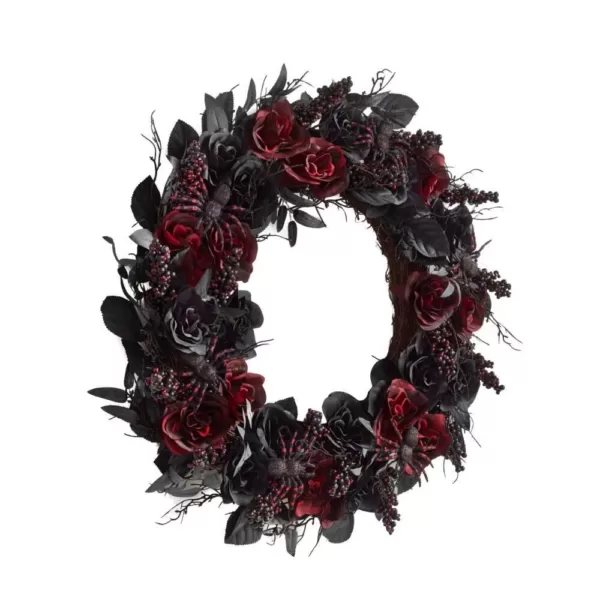 Home Accents Holiday 30 in. Black Burgundy Halloween Rose Wreath