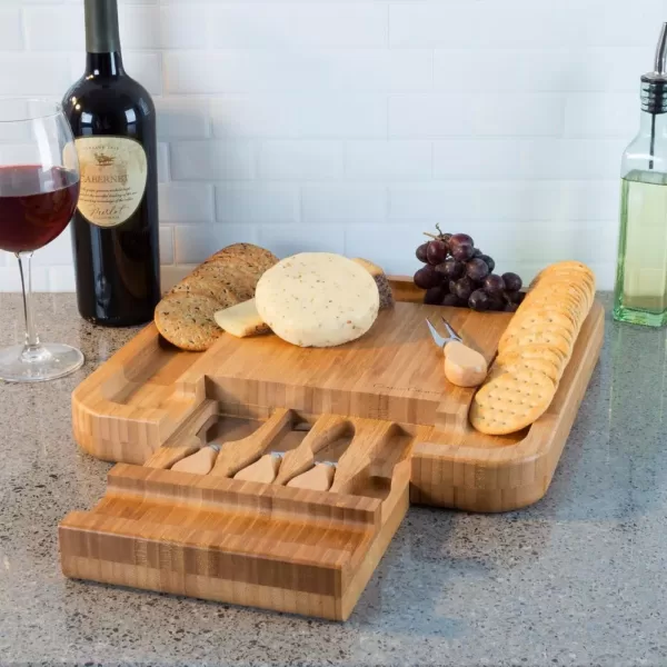 Classic Cuisine 4-Piece Bamboo Cheese Serving Tray Set with Stainless Steel Cutlery