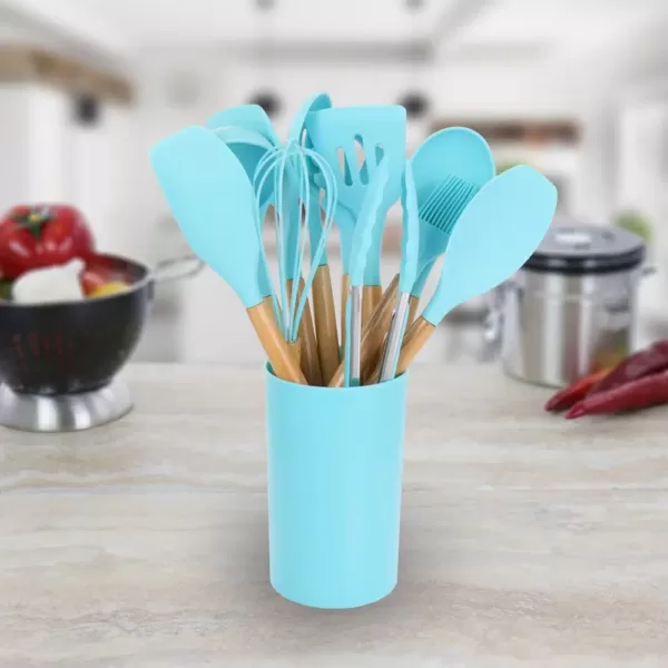 MegaChef Light Teal Silicone and Wood Cooking Utensils (Set of 12)