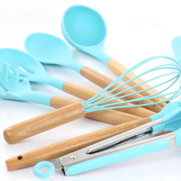 MegaChef Light Teal Silicone and Wood Cooking Utensils (Set of 12)