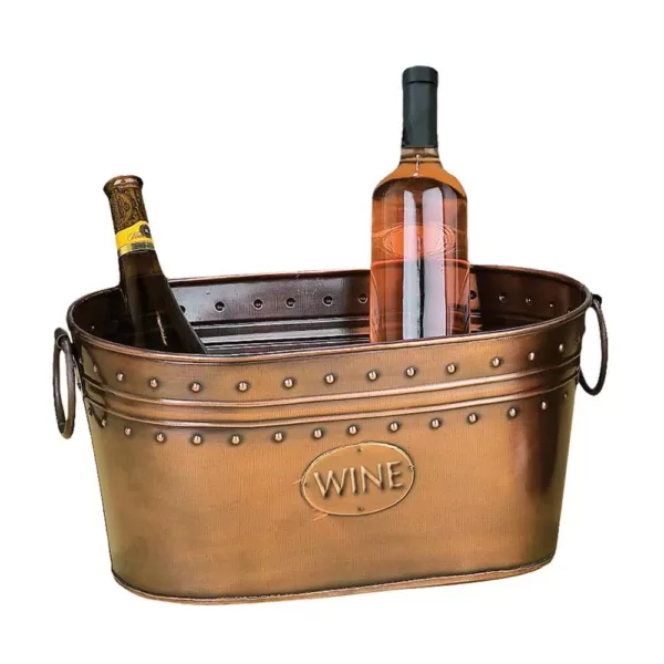 LITTON LANE 17 in. x 8 in. Oval Bucket Wine Cooler with Ring Handles in Polished Copper Brass and Patina