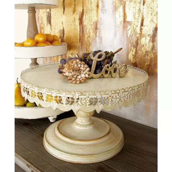 LITTON LANE 16 in. W x 9 in. H Whitewashed and Rust Brown Round Iron Cake Stand with Floral Bunting Overhang