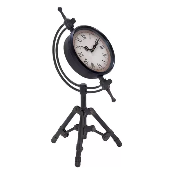 LITTON LANE Classical 14 in. x 7 in. Rusted Black Iron Tripod Table Clock