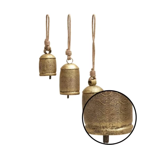 LITTON LANE Gold Brass Iron Bells with Rope Hangers (Set of 3)