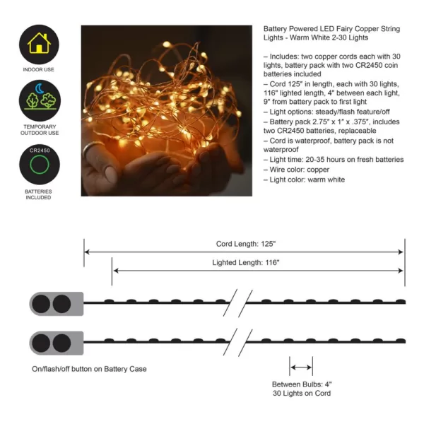 LUMABASE 30-Light Warm White Battery Operated Mini Copper LED String Lights (2-Count)