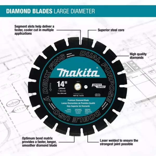 Makita 14 in. 61 cc Gas Saw with Bonus 14 in. Blade Diameter Segmented, Dual Purpose