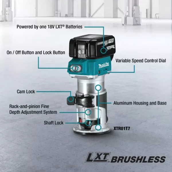 Makita 18-Volt LXT Lithium-Ion Brushless Cordless Compact Router Fixed Base Starter Kit (5.0 Ah)