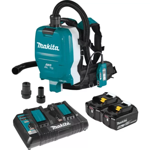 Makita 18-Volt X2 LXT Lithium-Ion (36V) Brushless 1/2 Gal. HEPA Filter Backpack Dry Dust Extractor Kit, AWS Capable (5.0 Ah)