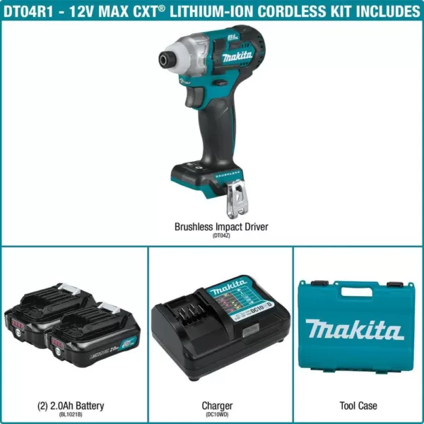 Makita 12-Volt MAX CXT Lithium-Ion Brushless 1/4 in. Cordless Impact Driver Kit with (2) Batteries 2.0Ah, Charger, Hard Case