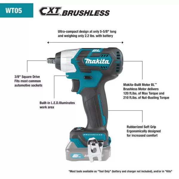 Makita 12-Volt MAX CXT Lithium-Ion Brushless Cordless 3/8 in. sq. Drive Impact Wrench Kit (2.0 Ah)