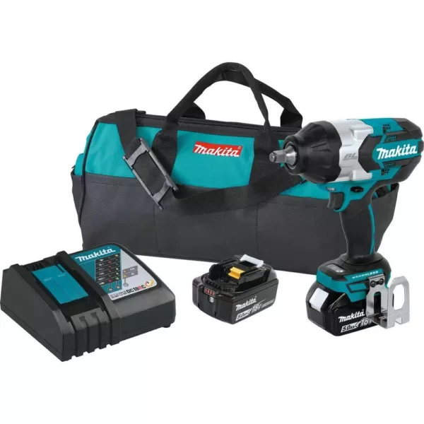 Makita 18-Volt LXT Lithium-Ion Brushless Cordless High Torque 1/2 in. Square Drive Impact Wrench w/ (2) Batteries 5.0Ah, Bag