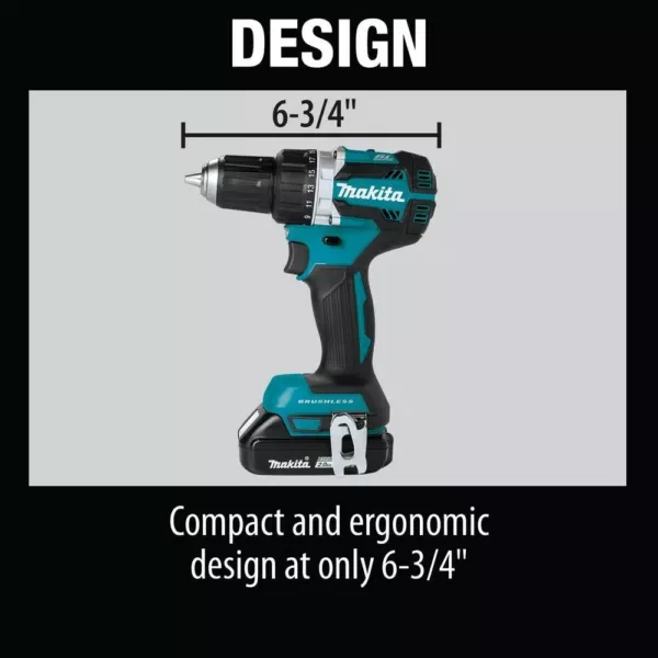 Makita 18-Volt LXT Lithium-Ion Compact Brushless Cordless 1/2 in. Driver-Drill Kit w/ (2) Batteries (2.0Ah), Charger, Bag