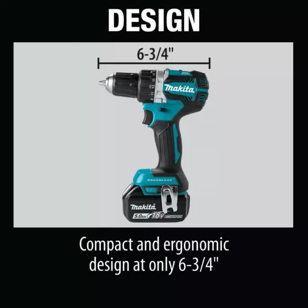 Makita 18-Volt LXT Lithium-Ion Compact Brushless Cordless 1/2 in. Driver-Drill Kit with Two 5.0 Ah Batteries, Charger, Bag