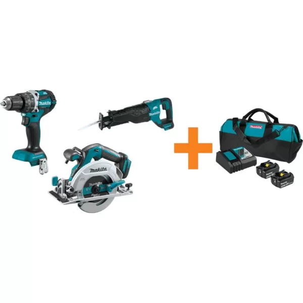 Makita 18V LXT 1/2 in. Brushless Hammer Driver-Drill, 18V X2 (36V) 7-1/4 in. Circ Saw and Recipro Saw w/ bonus 18V Starter Pack