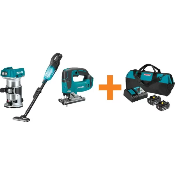 Makita 18V LXT Brushless Compact Router, 18V X2 (36V) 6-1/2 in. Plunge Circ Saw and 2 Gal. Vacuum with bonus 18V Starter Pack