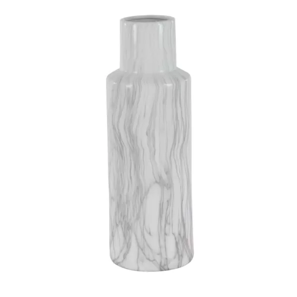 LITTON LANE 21 in. Classic Marble Cylinder White Ceramic Decorative Vase