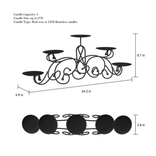 Lavish Home 5 Candle Matte Black Candelabra with Classic Scroll Design