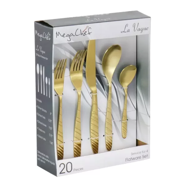 MegaChef La Vague 20-Piece Matte Gold Flatware Utensil Set, 18/10 Stainless Steel Silverware Metal (Service for 4)