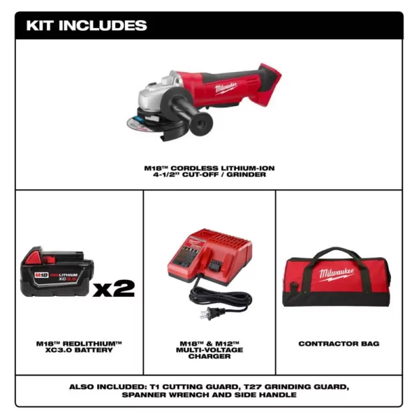 Milwaukee M18 18-Volt Lithium-Ion Cordless 4-1/2 in. Cut-Off Grinder Kit with (2) 3.0Ah Batteries, Charger, Tool Bag