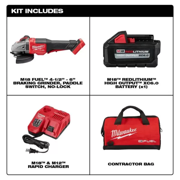 Milwaukee M18 FUEL 18-Volt Lithium-Ion Brushless Cordless 4-1/2 in./6 in. Grinder with Paddle Switch Kit and One 6.0 Ah Battery