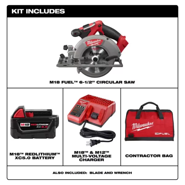 Milwaukee M18 FUEL 18-Volt Lithium-Ion Brushless Cordless 6-1/2 in. Circular Saw Kit with One 5.0 Ah Battery, Charger, Tool Bag