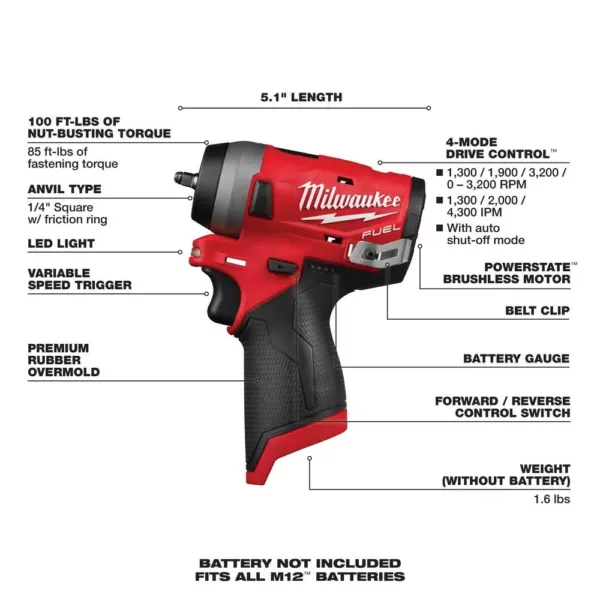 Milwaukee M12 FUEL 12-Volt Lithium-Ion Brushless Cordless 3/8 in. Ratchet &1/4 in. Impact Wrench with two 3.0 Ah Batteries