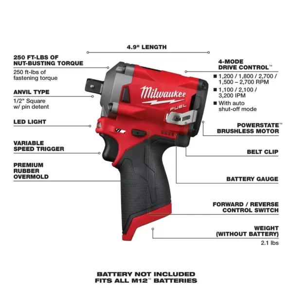 Milwaukee M12 FUEL 12-Volt Lithium-Ion Brushless Cordless 3/8 in. Ratchet and 1/2 in. Impact Wrench with two 3.0 Ah Batteries