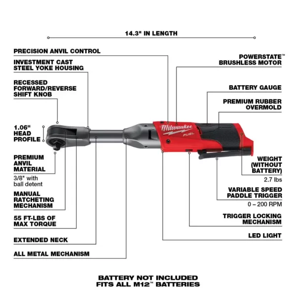 Milwaukee M12 FUEL 12-Volt Lithium-Ion Brushless Cordless 3/8in. Ratchet & Extended Reach Ratchet (Tool-Only) W/Protective Boots