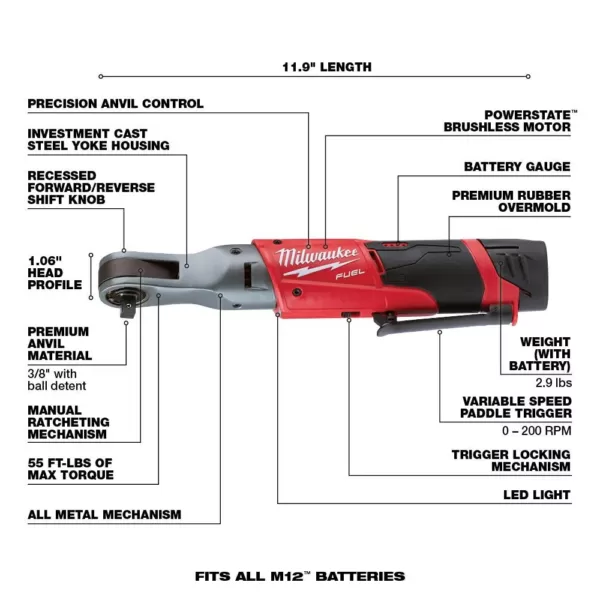 Milwaukee M12 FUEL 12-Volt Lithium-Ion Brushless Cordless 3/8 in. Ratchet Kit with (2) 2.0Ah Batteries, Charger & Tool Bag