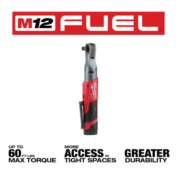 Milwaukee M12 FUEL 12-Volt Lithium-Ion Brushless Cordless 1/2 in. Ratchet Kit W/ (2) 2.0Ah Batteries, Charger & Tool Bag