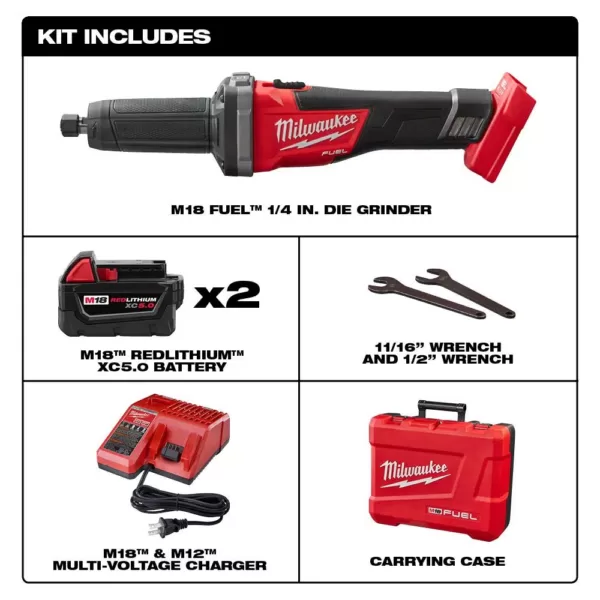 Milwaukee M18 FUEL 18-Volt Lithium-Ion Brushless Cordless 1/4 in. Die Grinder Kit with Two 5.0Ah Batteries, Charger and Hard Case