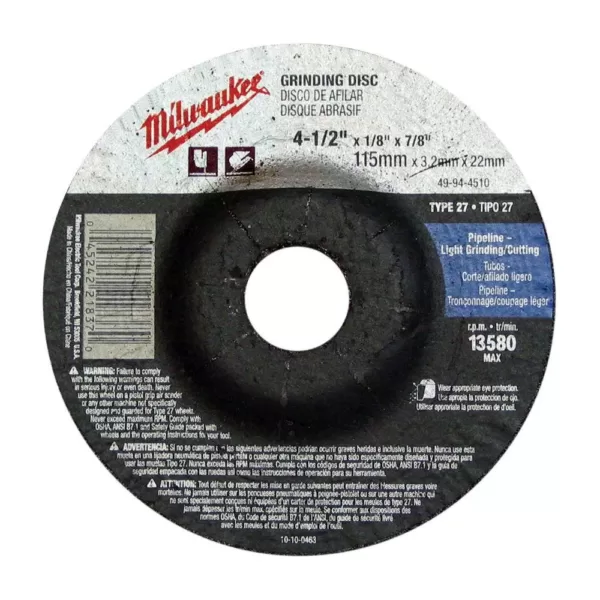 Milwaukee 4-1/2 in. x 1/4 in. x 7/8 in. Grinding Wheel (Type 27)