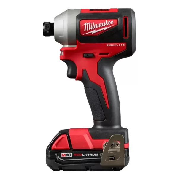 Milwaukee M18 18-Volt Lithium-Ion Compact Brushless Cordless 1/4 in. Impact Driver Kit W/ (1) 2.0 Ah Battery, Charger & Tool Bag