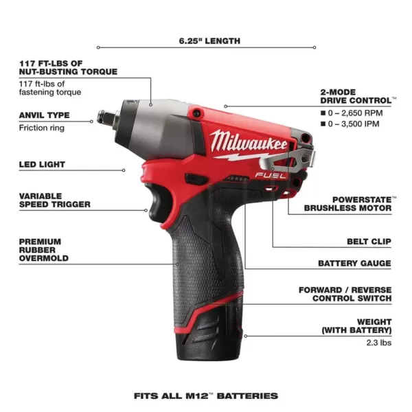 Milwaukee M12 FUEL 12-Volt Lithium-Ion Brushless Cordless 3/8 in. Impact Wrench Kit w/Two 2.0 Ah Batteries, Charger and Tool Bag