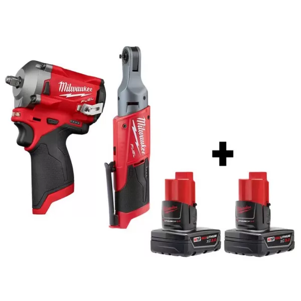 Milwaukee M12 FUEL 12-Volt Lithium-Ion Brushless Cordless Stubby 3/8 in. Impact Wrench & 1/4 in. Ratchet with Two 3.0Ah Batteries