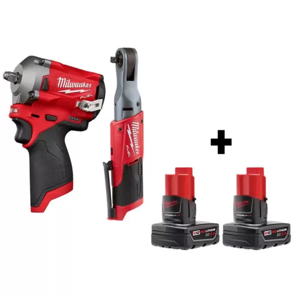 Milwaukee M12 FUEL 12-Volt Lithium-Ion Brushless Cordless Stubby 3/8 in. Impact Wrench & 3/8 in. Ratchet with two 3.0 Ah Batteries