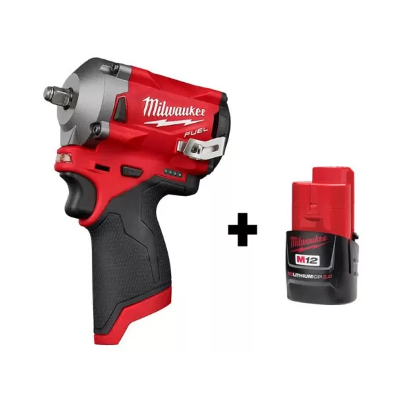 Milwaukee M12 FUEL 12-Volt Stubby 3/8 in. Lithium-Ion Brushless Cordless Impact Wrench with M12 2.0Ah Battery