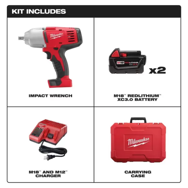 Milwaukee M18 18-Volt Lithium-Ion Cordless 1/2 in. Impact Wrench with Pin Detent Kit with (2) 3.0Ah Batteries, Charger & Hard Case