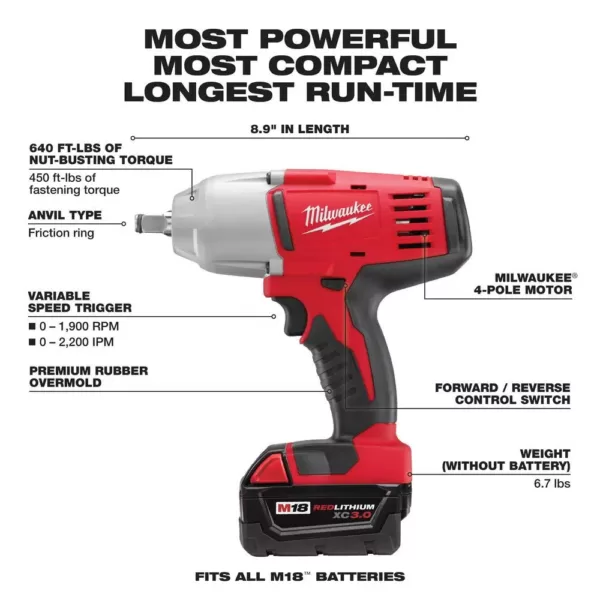 Milwaukee M18 1/2 in. 18-Volt Lithium-Ion Cordless Impact Wrench W/Friction Ring Kit W/(2) 3.0 Ah Batteries Charger and Hard Case