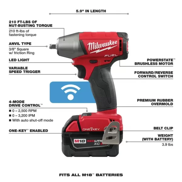 Milwaukee M18 FUEL ONE-KEY 18-Volt Lithium-Ion Brushless Cordless 3/8 in. Impact Wrench w/ Friction Ring Kit w/(2) 5.0Ah Batteries