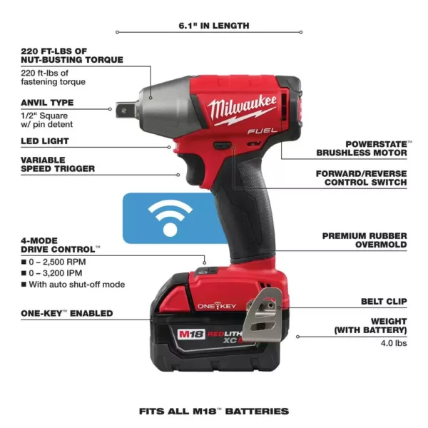 Milwaukee M18 FUEL ONE-KEY 18-Volt Lithium-Ion Brushless Cordless 1/2 in. Impact Wrench w/ Pin Detent Kit w/(2)5.0Ah Batteries