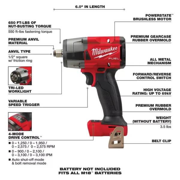 Milwaukee M18 FUEL Gen-2 18-Volt Lithium-Ion Brushless Cordless Mid Torque 1/2 in. Impact Wrench w/Friction Ring (Tool-Only)