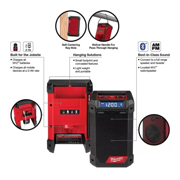 Milwaukee M12 12-Volt Lithium-Ion Cordless Bluetooth/AM/FM Jobsite Radio with Charger with M12 2.0Ah Battery