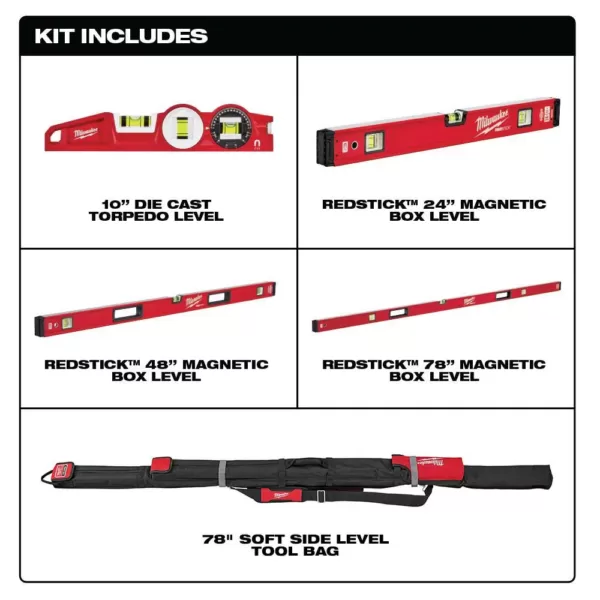 Milwaukee 10 in. /24 in. /48 in. /78 in. REDSTICK Magnetic Box and Torpedo Level Set